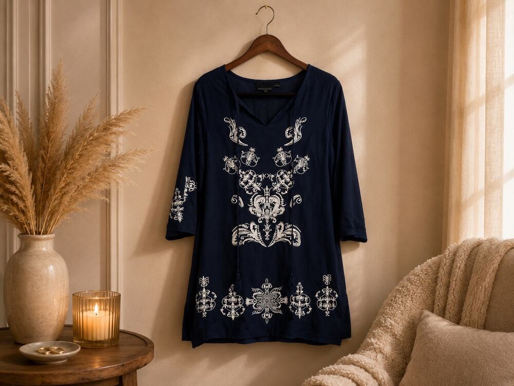 Cynthia Rowley Boho Hippie Resort Oversized Embroidered Peasant Blue Dress
